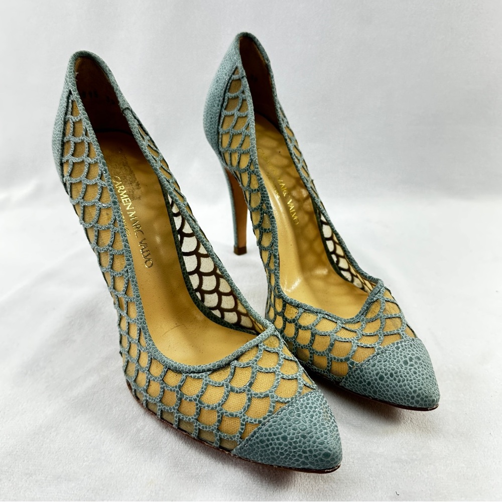 Carmen Marc Valvo Calzature Heels Mesh Womens 8.5 Light Blue Mermaid Luxury
